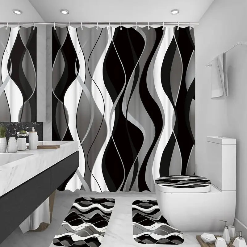 4 count Black Shower Curtain Sets with Non-Slip Rugs, Toilet Lid Cover and Bath Mat, Black and Gray Bathroom Decor Set Accessories Fabric  Shower Curtains with 12 Hooks, 72 x 72 Inch