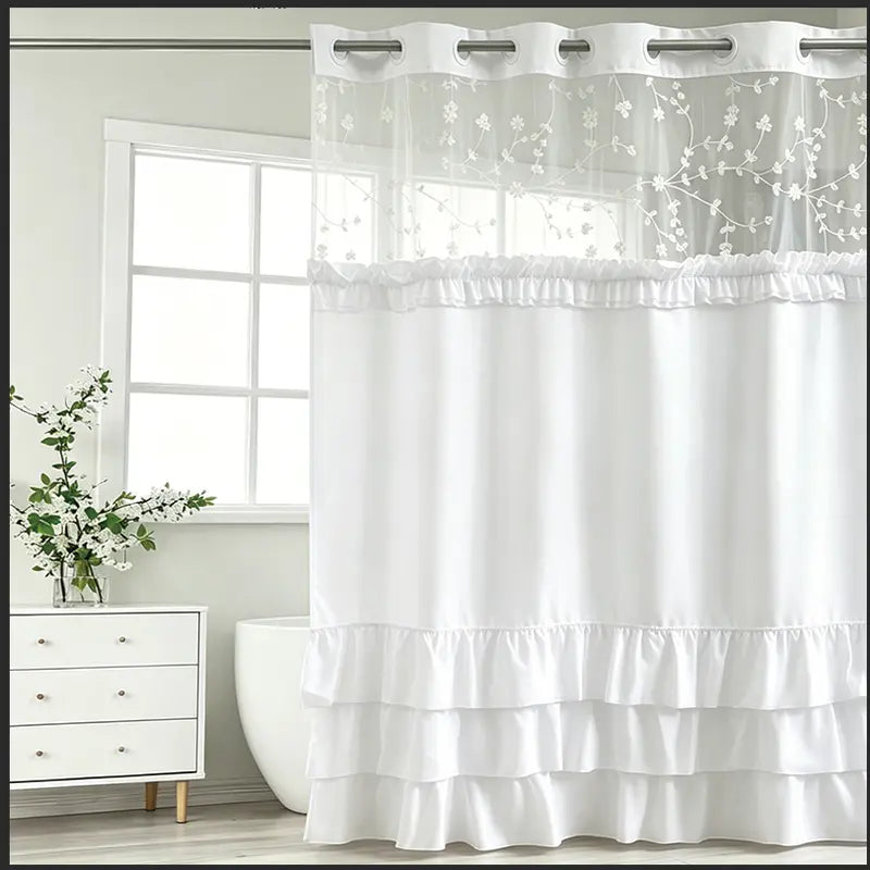 Green Elegant Hookless Ruffle Shower Curtain with Embroidered Sheer Top, Dual Removable Waterproof Panels, Machine Washable Bathroom Curtain，71*74 IN