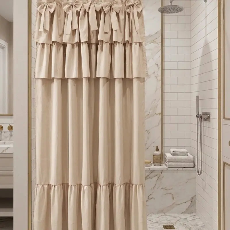 Yrztrk Retro Flower Polyester Shower Curtain with Ruffle, Handcrafted Big Bow Tie, 12 Hooks - Waterproof, Quick-Drying, Machine-Washable Decorative House Decor for Master Bathroom