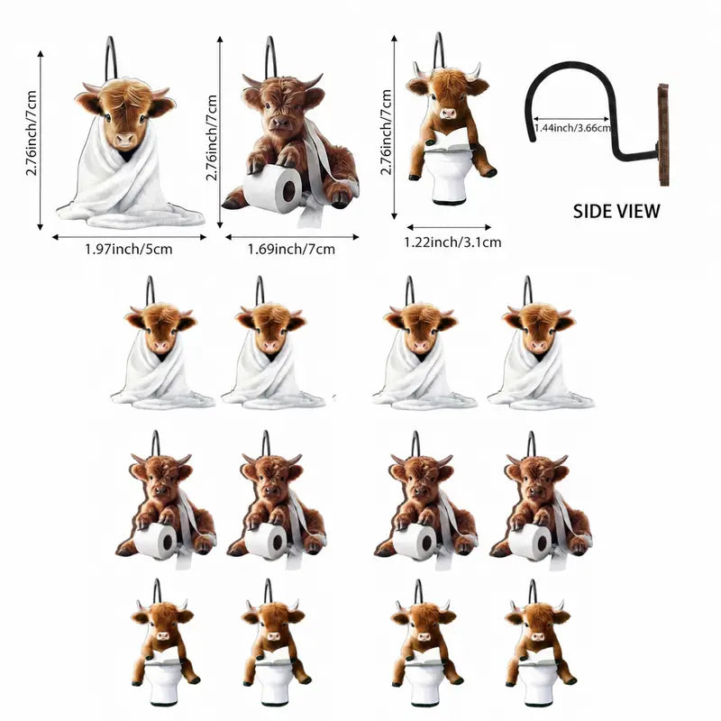 12Pcs Highland Cow Shower Curtain Hooks, Rustproof Stainless Steel Smooth Glide, Farmhouse Western Bathroom Decor for Rustic Home Guest Bath, Cute Cow Lover Gift Fall Halloween