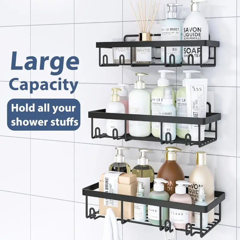 Black 5-Piece Heavy-Duty No-Drill Adhesive Shower Caddy Set - Rustproof Waterproof Eco-Friendly Wall Shelves with Toothbrush Soap Holder, Home Accessory, Shower Organizer for Clutter-Free Bathroom Storage