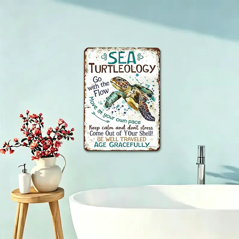 Vintage Tropical Metal Sea Turtle Plaque Sign - Retro Porch Sign, Vintage Plaque Decoration, Anti-Stress Inspirational Home Decor with "Keep Calm & Don’t Stress", "Go With The Flow", "Move At Your Own Pace" Quotes - Gift for Slow Living Lovers