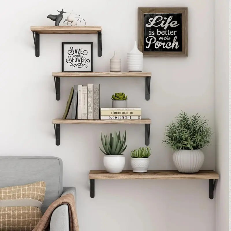 HAUSPET Set of 4 Rustic Wood Floating Shelves, Wall-Mounted Decorative Shelves with 40 lb/18kg Capacity - Room Accessories for Bedroom, Living Room Decor & Wall-Mounted Storage Solutions