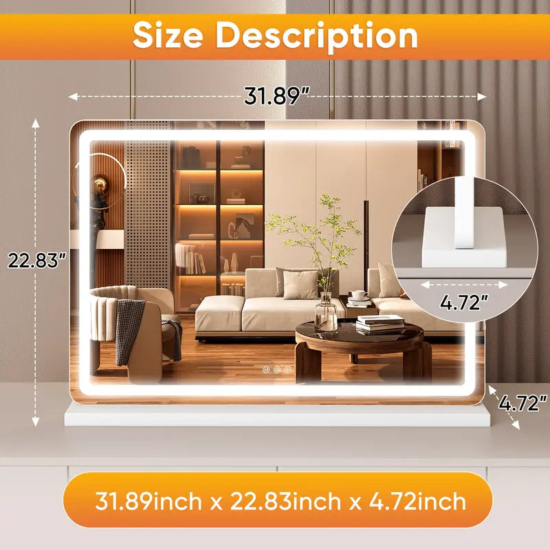 Sweetcrispy Rectangular Smart LED Dimmable Interior Lighted Vanity Mirror - Small Tabletop LED Cosmetic Mirror with Smart Touch Control, Adjustable Lighting, Multi-Size Options (19x22in, 22x32in)