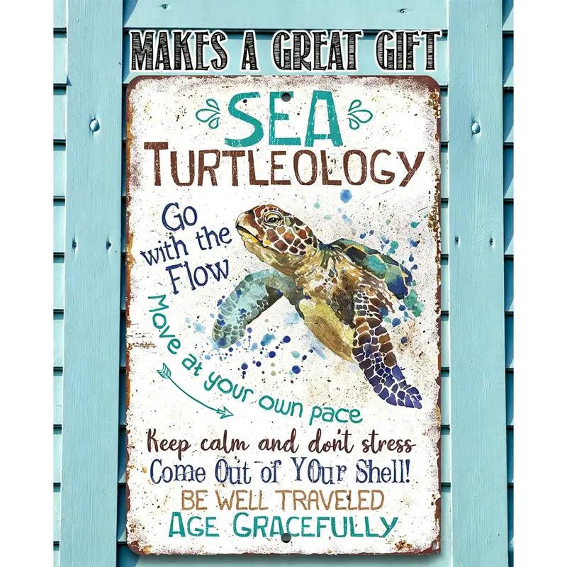 Vintage Tropical Metal Sea Turtle Plaque Sign - Retro Porch Sign, Vintage Plaque Decoration, Anti-Stress Inspirational Home Decor with "Keep Calm & Don’t Stress", "Go With The Flow", "Move At Your Own Pace" Quotes - Gift for Slow Living Lovers