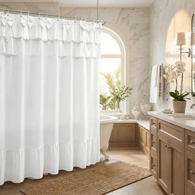 Yrztrk Retro Flower Polyester Shower Curtain with Ruffle, Handcrafted Big Bow Tie, 12 Hooks - Waterproof, Quick-Drying, Machine-Washable Decorative House Decor for Master Bathroom