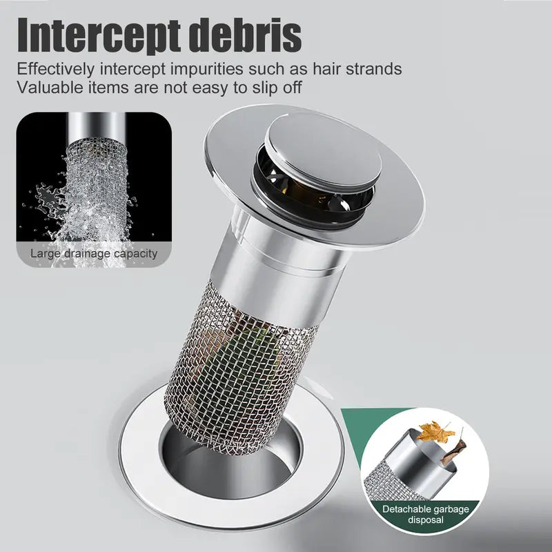 Bathroom Drain Strainer - Bathroom Gadgets with Removable Basket, High Mesh Density Stainless Steel Filter, Pop-Up Sink Drain Stopper, Hair Collector, Bath Accessories