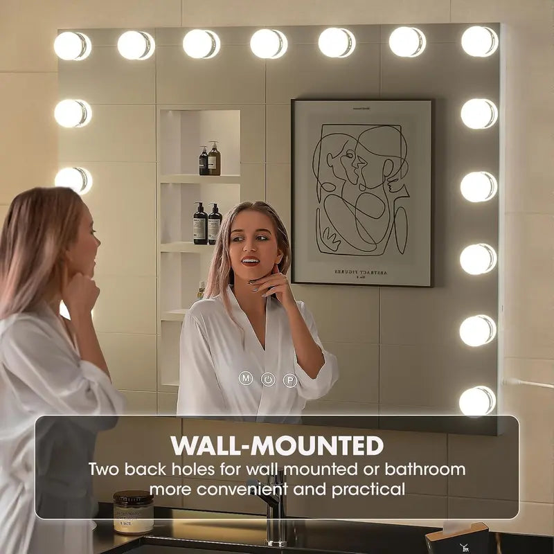 Hoodink Lighted Vanity Mirror, 23"x18" Hollywood Makeup Mirror with 15 LED Bulbs, 3 Color Modes, USB Port, Tabletop-Wall Mount, Room Decor, House Decor, Vanity Organization, Girl Room Accessories for Women White