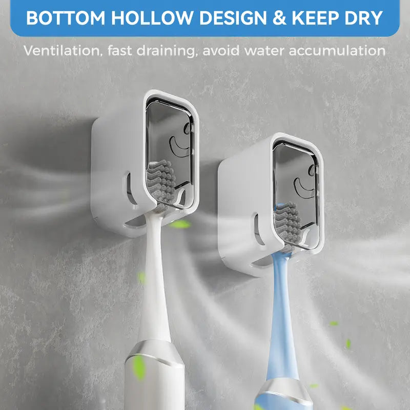 GONGQIN 2PCS Wall-Mount Toothbrush Organizer Set, Portable Bathroom Accessories, Waterproof Covered Holder with Thick Walls, Vent Drain, Easy-Clean Detachable Design, Firm Adhesive Tape for Glass Surfaces (Travel/Home Use for Renters/Families)