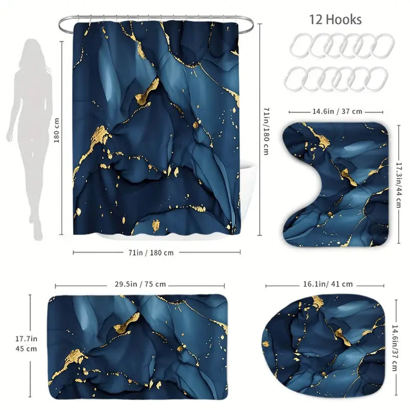 Blue gold gilt fluid pattern shower curtain set, waterproof shower curtain with 12 hooks, non-slip bathroom carpet, toilet U-shaped cushion, toilet seat cover cushion, bathroom shower curtain set, perfect moving gift.
