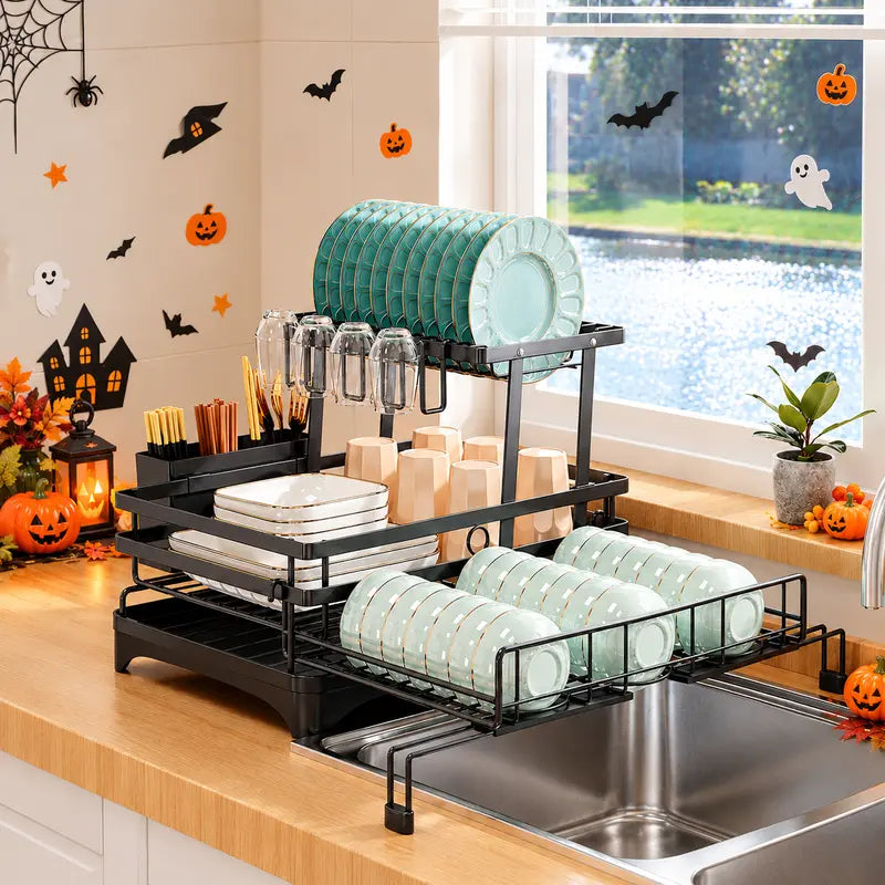 Double-Layer Expanding Drying Rack Draining Boards - Heavy Duty Rustproof Metal Storage Rack, Adjustable Organizer with Automatic Water Drainage, Utensil Storage, Fits Countertops/Sinks, Ideal for Small Apartments (Home Organizers), Adjustable Organizer D