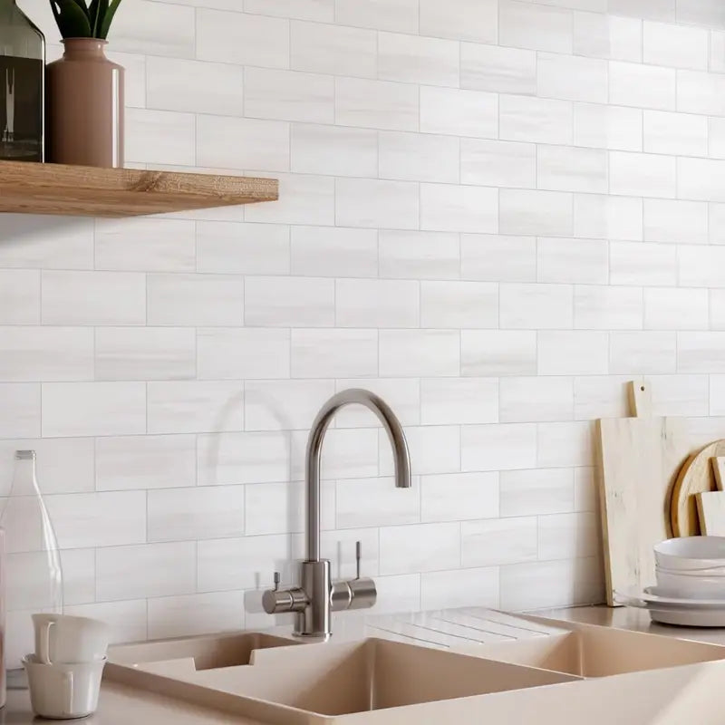 Vamos Tile 100-Piece Glossy Wooden Marble Grain Peel and Stick Backsplash Tile,3''x6'' PVC Subway Tile with White Grout, Stick on Backsplash for Kitchen/Bathroom/Fireplace