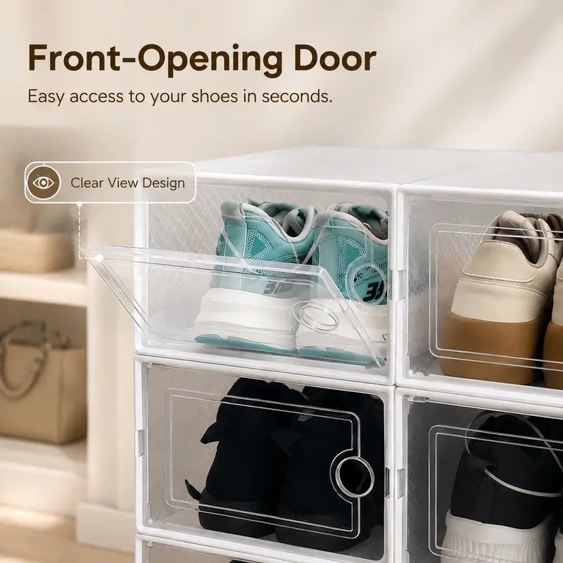 Premium Plastic Stackable Shoe Storage Container - Durable Clear-Based Home Organizer with Magnetic Door, Foldable Design, Entryway Organizer, Closet Storage, Display Rack, Square Sneaker Protection, Entryway Shoe Organizer