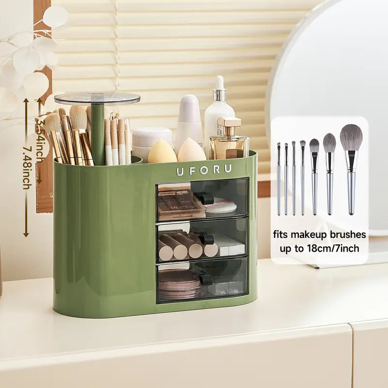 UFORU Classic Oval Desktop Storage Box - 4-Slot Brush Holder, 1-Touch Open Airtight Drawer, Dainty Divided Easy Access Cosmetic Organisers for Lipstick, Skincare, Jewelry (Dorm Storage Organization)
