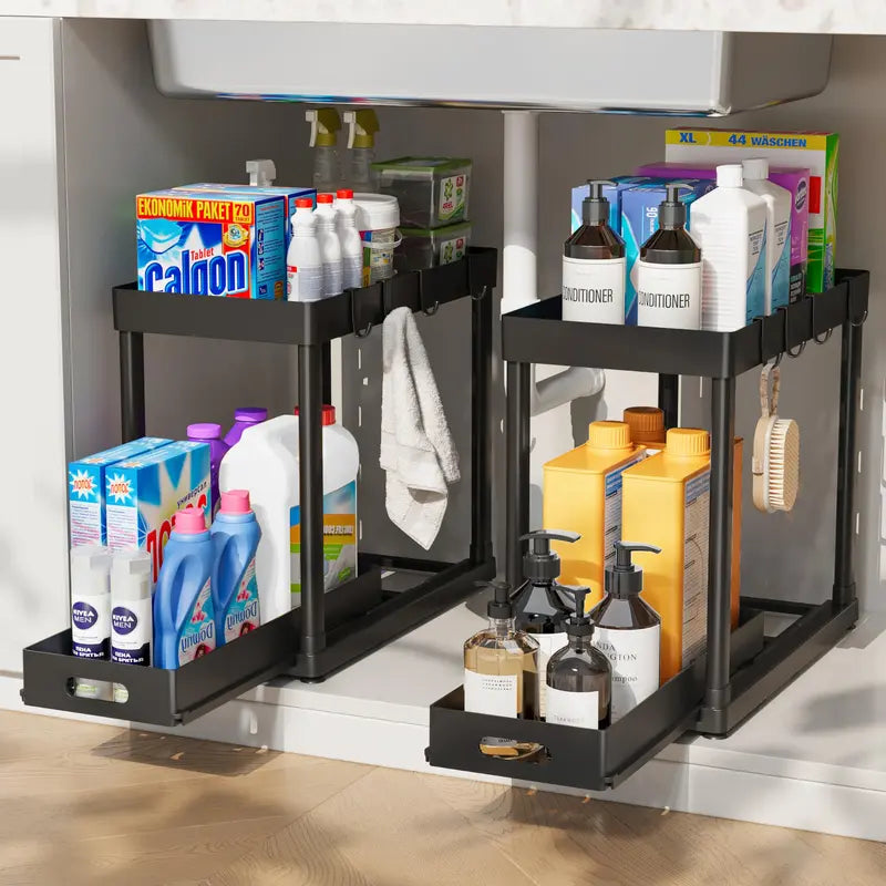 2-Pack Black Under Sink Sturdy Open Shelf Organizer (15x8x12.8in), Plastic Multi-Purpose Anti-Slip Sliding Baskets with 8 Hooks, Metal-Frame Kitchen Accessories for Cabinets, Drawer Storage Organizer, Racks for Furniture Storage & Small Items Organization