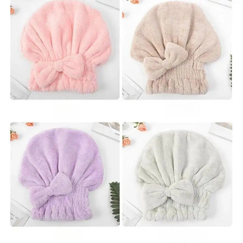 Women's 2pc Soft Towel Hair Drying Cap Set, Chic Bow Decor Shower Cap, Reusable Solid Color Bathroom Accessory, Gifts for Women for Camping Travel Self-Care Prep
