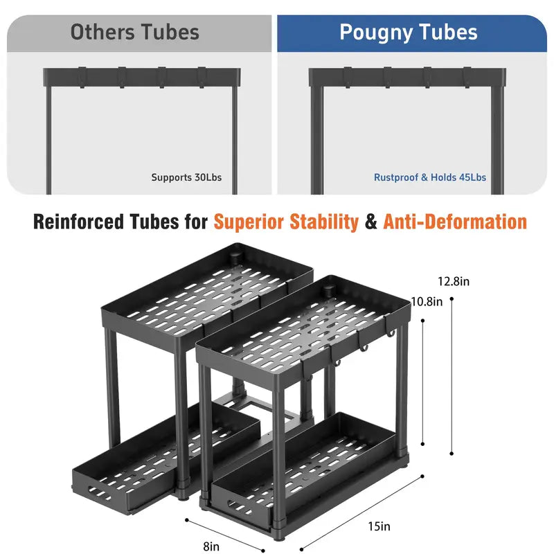 2-Pack Black Under Sink Sturdy Open Shelf Organizer (15x8x12.8in), Plastic Multi-Purpose Anti-Slip Sliding Baskets with 8 Hooks, Metal-Frame Kitchen Accessories for Cabinets, Drawer Storage Organizer, Racks for Furniture Storage & Small Items Organization